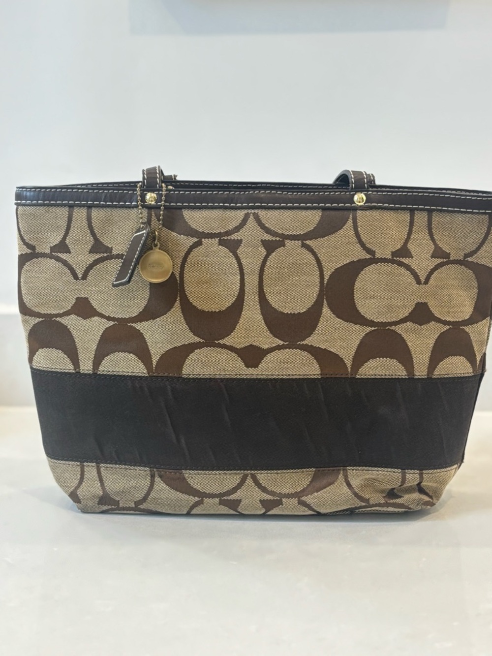 Coach Brown Signature Canvas Tote with Dark Brown Stripe